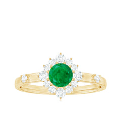 5mm Round Shape Emerald Promise Ring with Diamond Halo