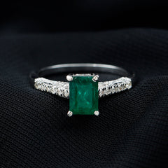 Vintage Inspired 5X7MM Emerald Cut Emerald Engagement Ring with Diamonds