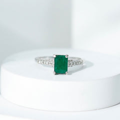 Vintage Inspired 5X7MM Emerald Cut Emerald Engagement Ring with Diamonds