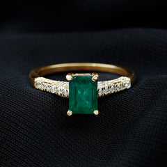 Vintage Inspired 5X7MM Emerald Cut Emerald Engagement Ring with Diamonds