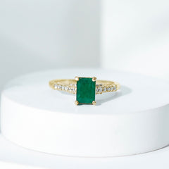 Vintage Inspired 5X7MM Emerald Cut Emerald Engagement Ring with Diamonds