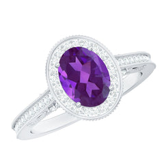 Vintage Inspired Oval Amethyst Engagement Ring with Diamond