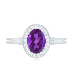 Vintage Inspired Oval Amethyst Engagement Ring with Diamond