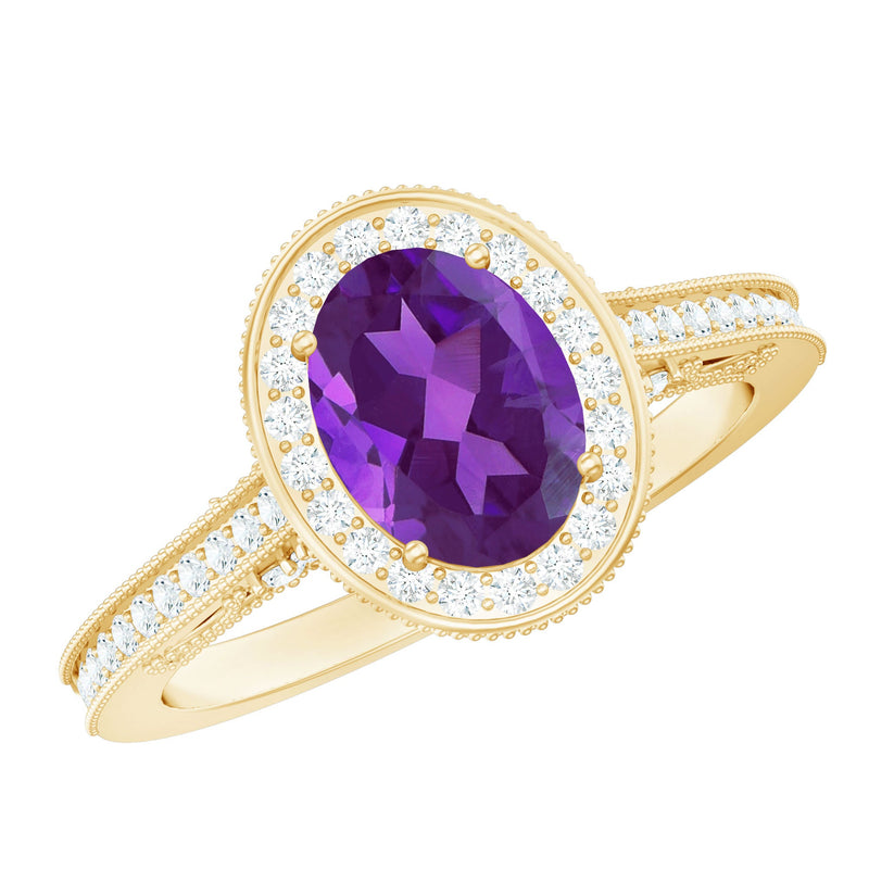 Vintage Inspired Oval Amethyst Engagement Ring with Diamond