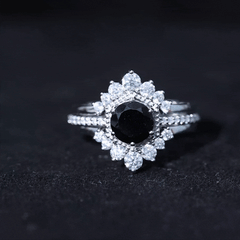 Vintage Style Black Spinel 3 Piece Ring Set with Moissanite