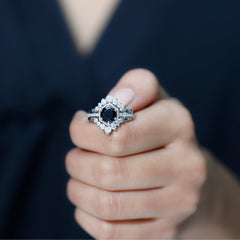 Vintage Style Black Spinel 3 Piece Ring Set with Moissanite
