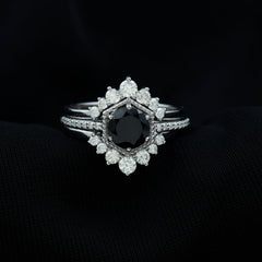 Vintage Style Black Spinel 3 Piece Ring Set with Moissanite