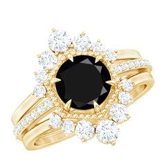 Vintage Style Black Spinel 3 Piece Ring Set with Moissanite