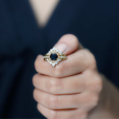 Vintage Style Black Spinel 3 Piece Ring Set with Moissanite