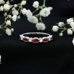 Natural Marquise Ruby Half Eternity Ring with Moissanite