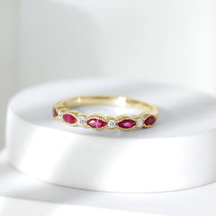 Natural Marquise Ruby Half Eternity Ring with Moissanite