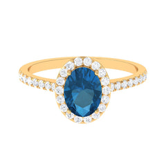 2 CT Oval Cut London Blue Topaz Solitaire Ring with Diamond Halo