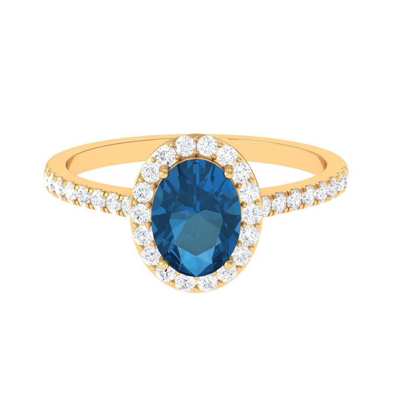 2 CT Oval Cut London Blue Topaz Solitaire Ring with Diamond Halo