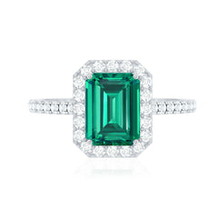 Lab Grown Emerald Halo Engagement Ring With Real Diamond