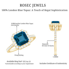 Real 8mm London Blue Topaz Asscher Cut Engagement Ring with Diamond
