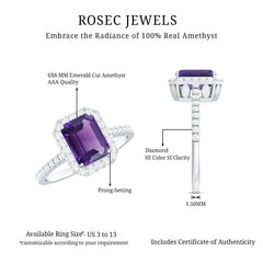 2.25 CT Octagon Cut Amethyst Solitaire Ring with Diamond Side Stones