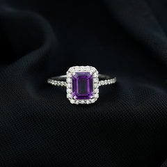 2.25 CT Octagon Cut Amethyst Solitaire Ring with Diamond Side Stones