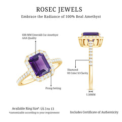 2.25 CT Octagon Cut Amethyst Solitaire Ring with Diamond Side Stones
