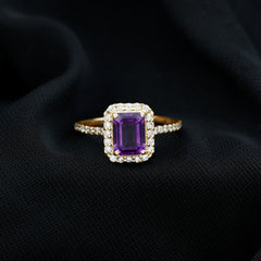 2.25 CT Octagon Cut Amethyst Solitaire Ring with Diamond Side Stones