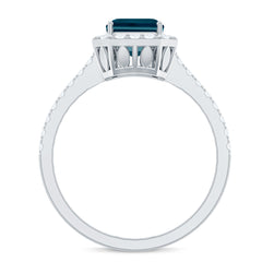 6X8mm Emerald Cut London Blue Topaz Engagement Ring with Diamond Halo