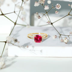 Cushion Cut Solitaire Lab Grown Ruby Infinity Engagement Ring with Diamond