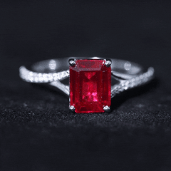 Emerald Cut Lab Grown Ruby and Diamond Ring with Split Shank