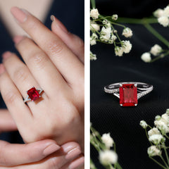 Emerald Cut Lab Grown Ruby and Diamond Ring with Split Shank