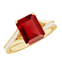 Emerald Cut Lab Grown Ruby and Diamond Ring with Split Shank