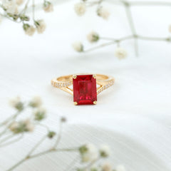 Emerald Cut Lab Grown Ruby and Diamond Ring with Split Shank