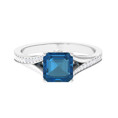 8mm Asscher Cut London Blue Topaz Split Shank Engagement Ring with Diamond