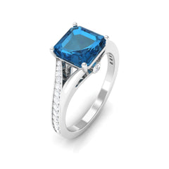 8mm Asscher Cut London Blue Topaz Split Shank Engagement Ring with Diamond