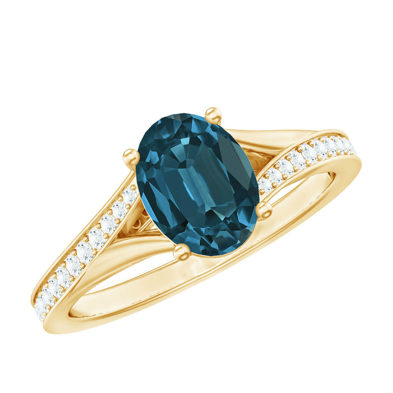 6X8mm Oval Cut London Blue Topaz Engagement Ring with Diamond Split Shank