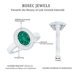 6X8 mm Oval Lab Grown Emerald Bezel Set Engagement Ring With Diamond Halo