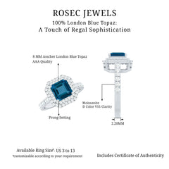 8mm Asscher Cut London Blue Topaz Art Deco Engagement Ring with Double Halo