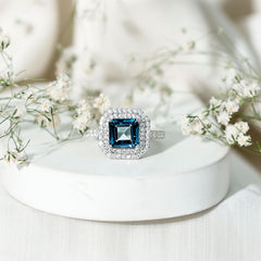 8mm Asscher Cut London Blue Topaz Art Deco Engagement Ring with Double Halo