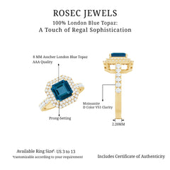 8mm Asscher Cut London Blue Topaz Art Deco Engagement Ring with Double Halo