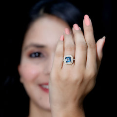 8mm Asscher Cut London Blue Topaz Art Deco Engagement Ring with Double Halo