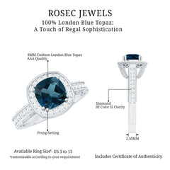 8mm Cushion Cut London Blue Topaz Vintage Inspired Ring with Diamond Halo