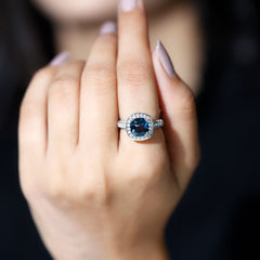 8mm Cushion Cut London Blue Topaz Vintage Inspired Ring with Diamond Halo
