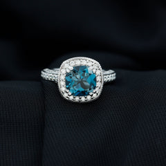 8mm Cushion Cut London Blue Topaz Vintage Inspired Ring with Diamond Halo