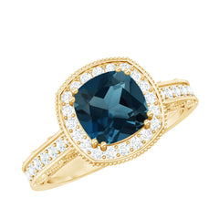 8mm Cushion Cut London Blue Topaz Vintage Inspired Ring with Diamond Halo