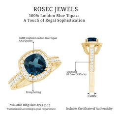 8mm Cushion Cut London Blue Topaz Vintage Inspired Ring with Diamond Halo