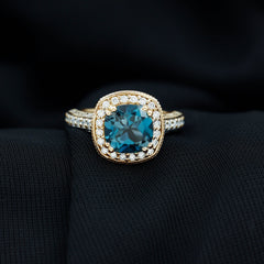 8mm Cushion Cut London Blue Topaz Vintage Inspired Ring with Diamond Halo
