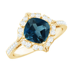 8mm Cushion Cut London Blue Topaz Nature Engagement Ring with Diamond Halo