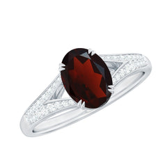 Natural 6X8 mm Garnet Oval Engagement Ring with Diamond Split Shank