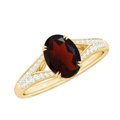 Natural 6X8 mm Garnet Oval Engagement Ring with Diamond Split Shank