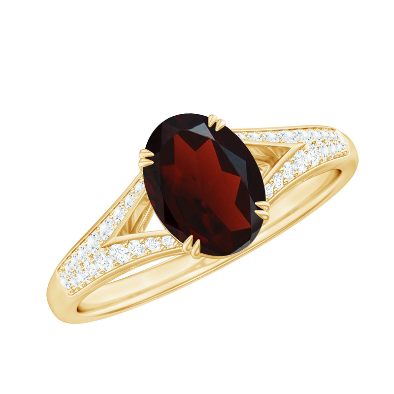 Natural 6X8 mm Garnet Oval Engagement Ring with Diamond Split Shank