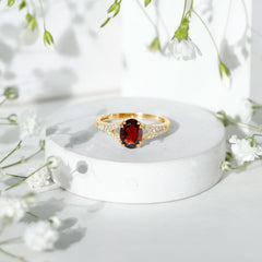 Natural 6X8 mm Garnet Oval Engagement Ring with Diamond Split Shank