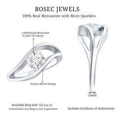 Certified 6 MM Round Moissanite Solitaire Ring with Tension Setting