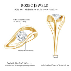 Certified 6 MM Round Moissanite Solitaire Ring with Tension Setting